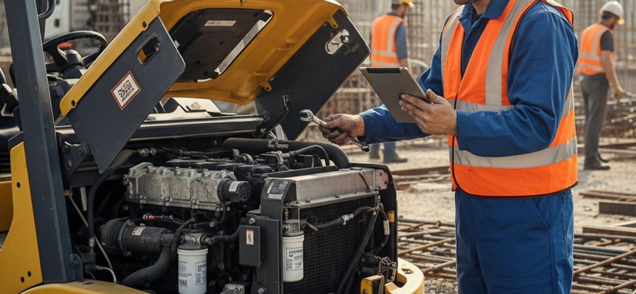 Погрузчик на строительной площадке во время технического осмотра