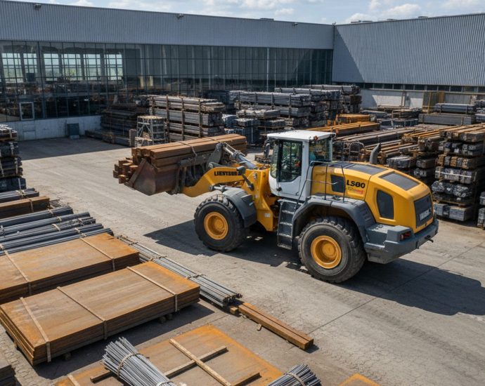 Фронтальный погрузчик Liebherr L580 на складе металлопроката