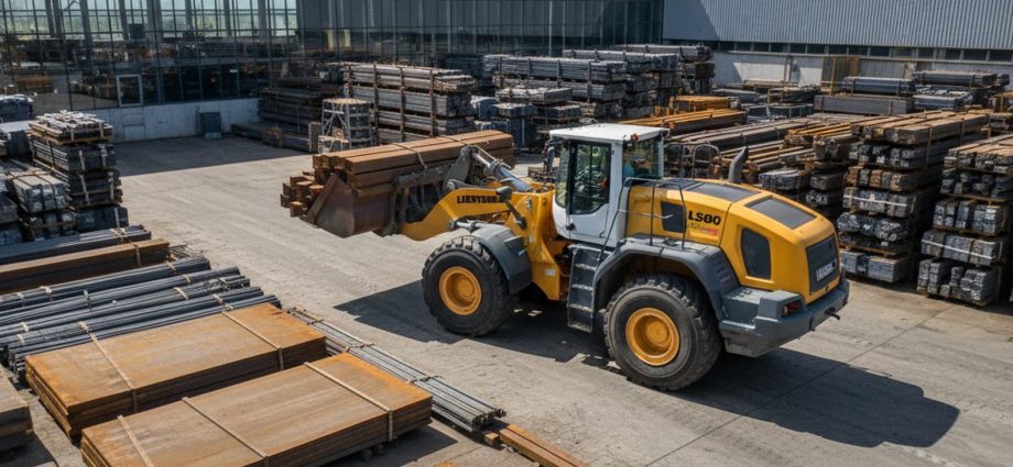 Фронтальный погрузчик Liebherr L580 на складе металлопроката