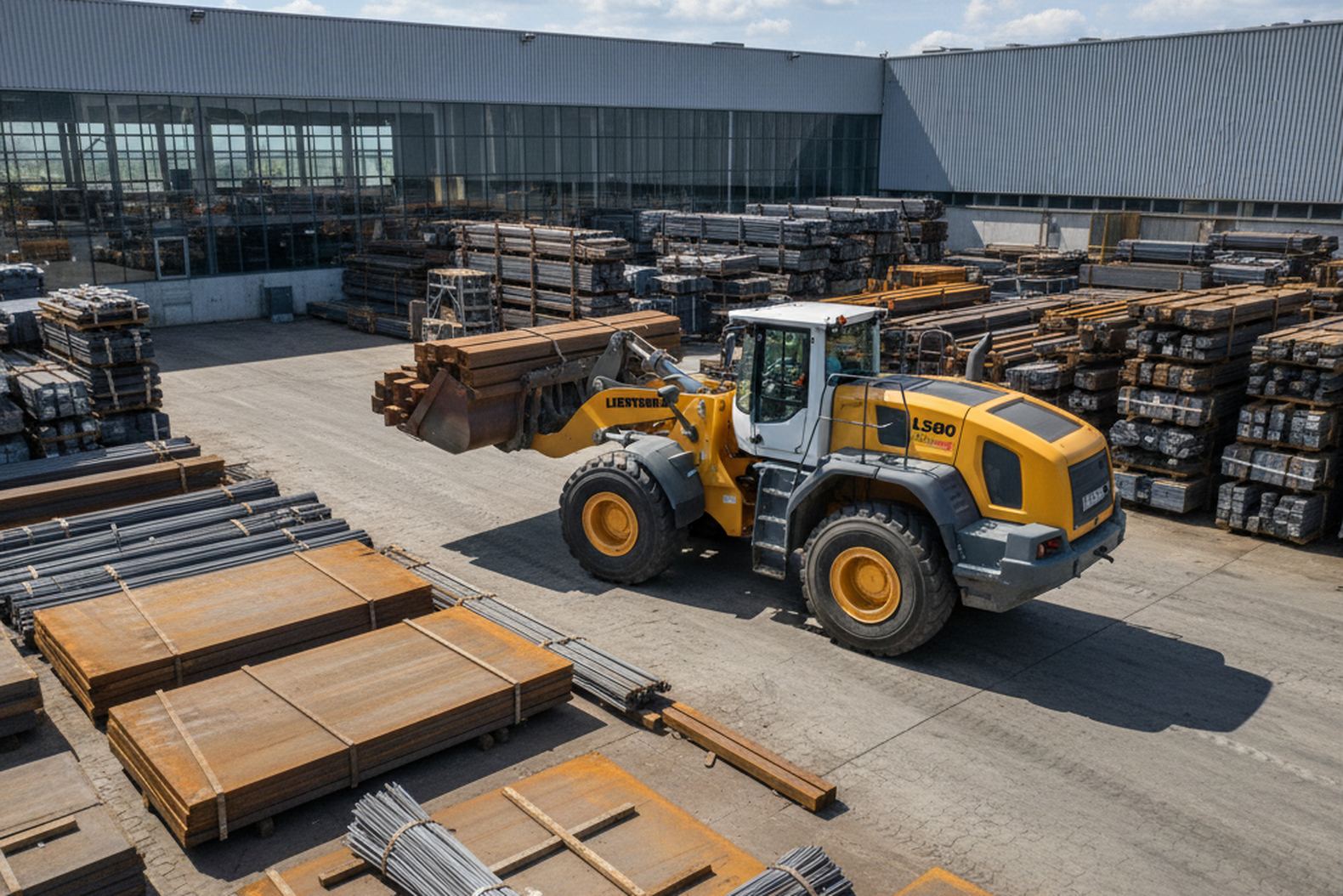 Фронтальный погрузчик Liebherr L580 на складе металлопроката