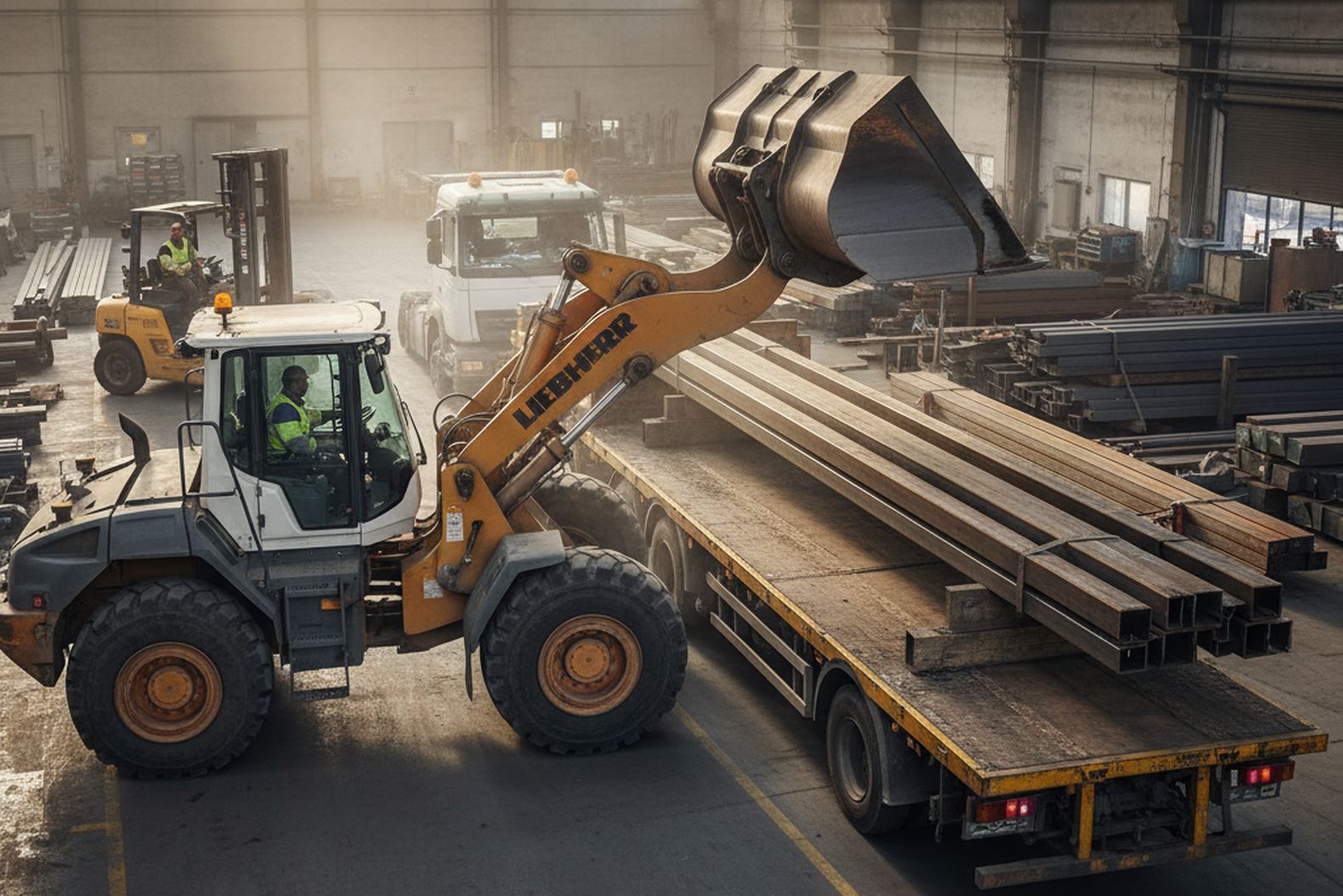 Погрузка металлических балок с помощью Liebherr L580