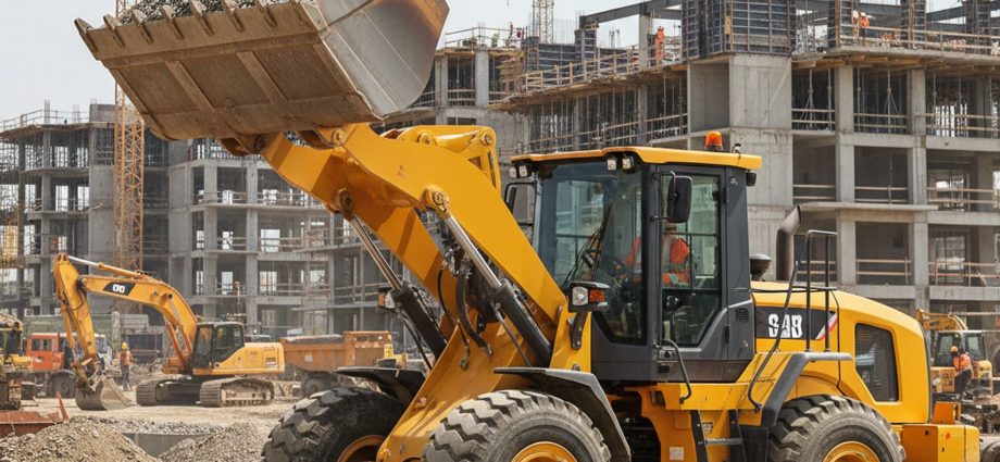 Фронтальный погрузчик на строительной площадке выполняет погрузку щебня