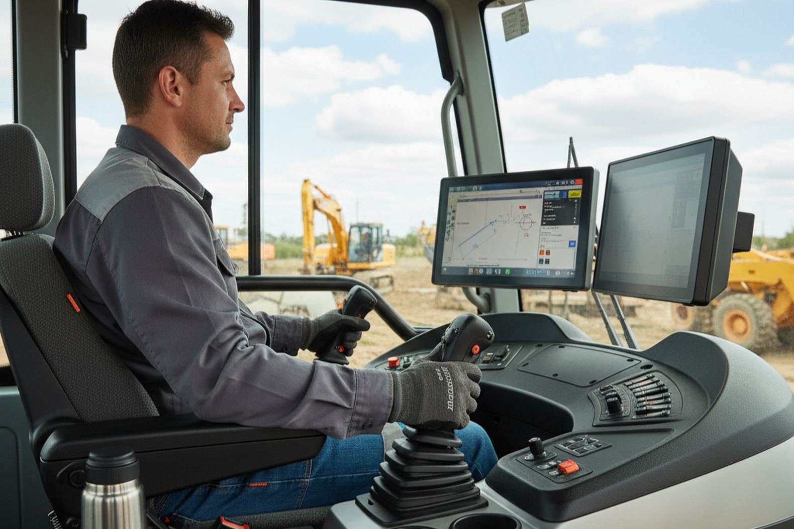Оператор в кабине фронтального погрузчика управляет техникой с помощью современных джойстиков