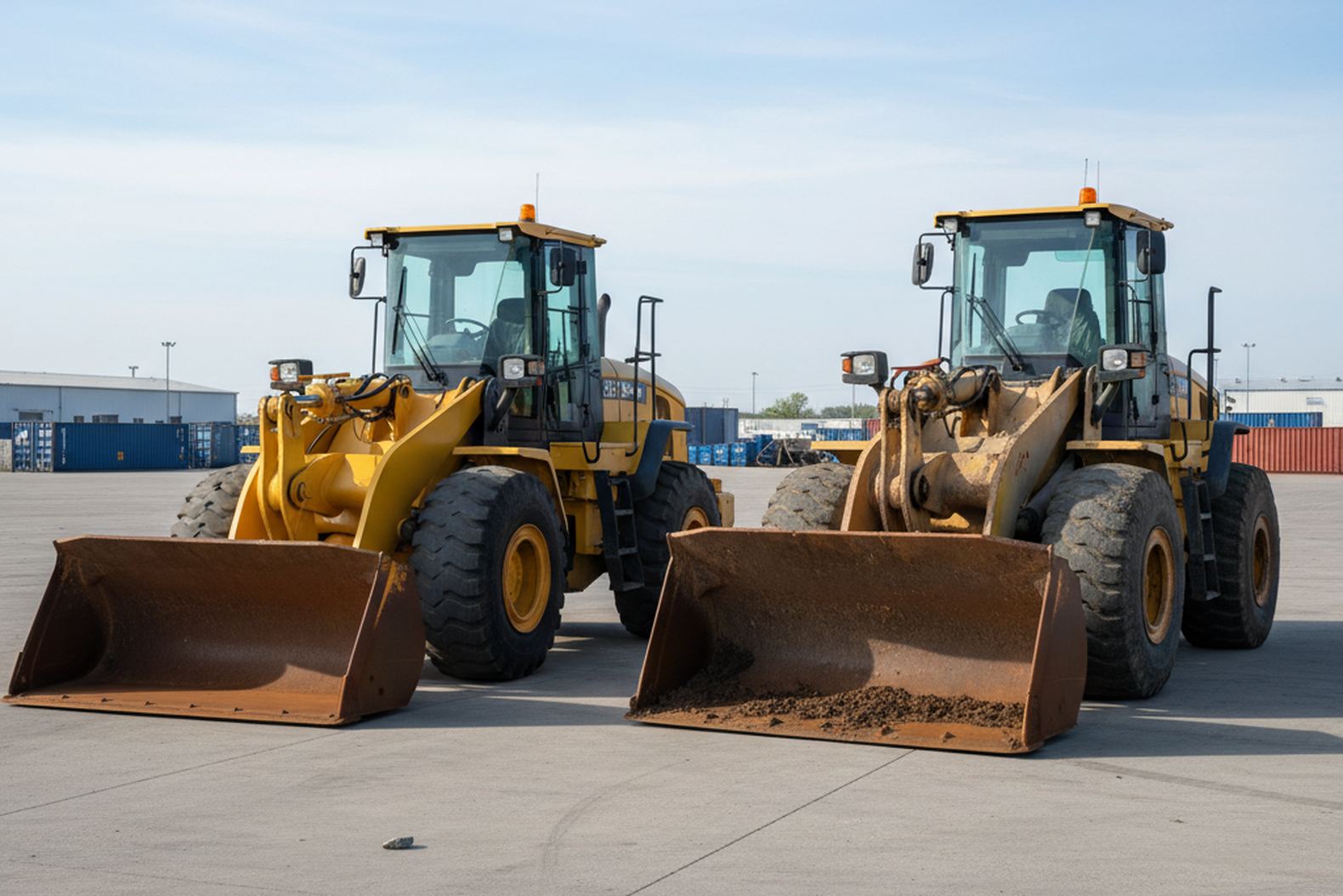 Сравнение нового и б/у фронтальных погрузчиков на открытой стоянке