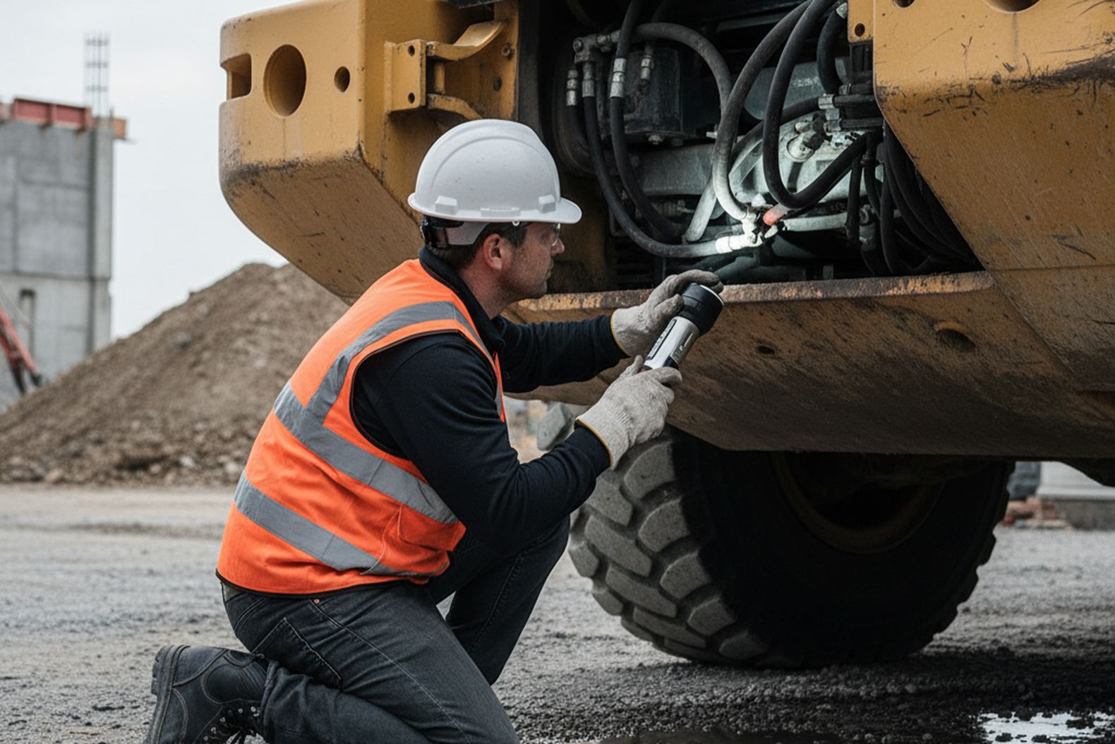 Механик проводит визуальный осмотр и диагностику фронтального погрузчика