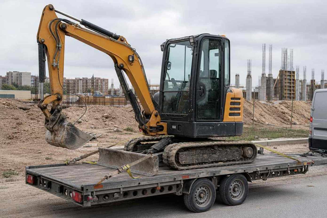 Закреплённый мини-экскаватор на двухосном прицепе
