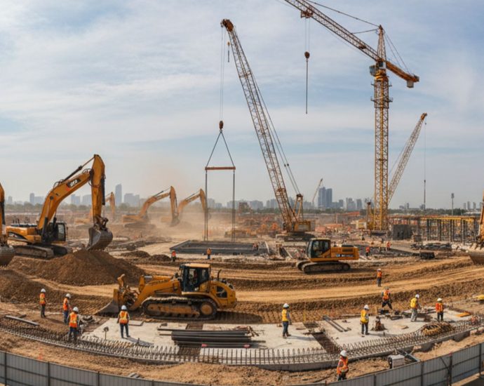 Панорамный вид строительной площадки с современным строительным оборудованием и рабочими