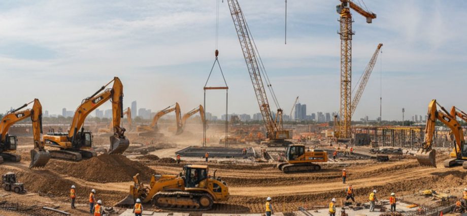 Панорамный вид строительной площадки с современным строительным оборудованием и рабочими