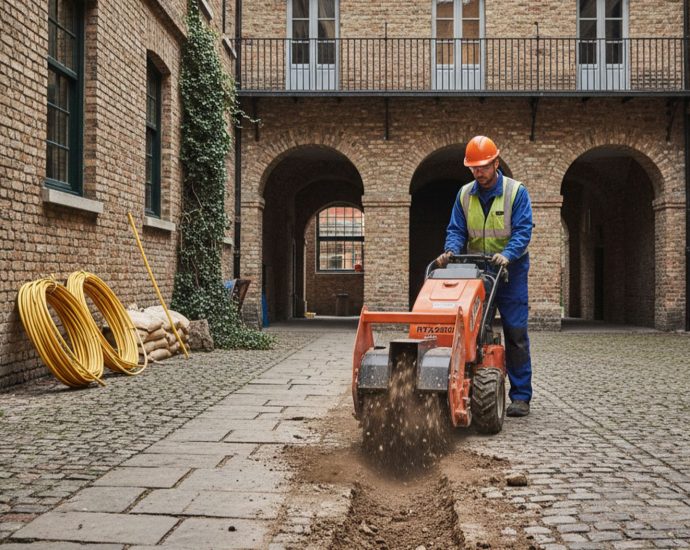 Профессиональный механик управляет траншеекопателем Vermeer RTX250 во дворе исторического центра города