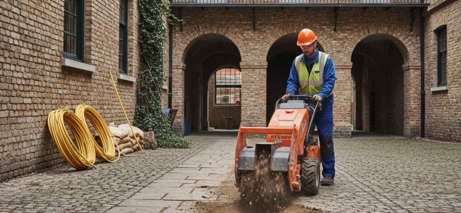 Профессиональный механик управляет траншеекопателем Vermeer RTX250 во дворе исторического центра города