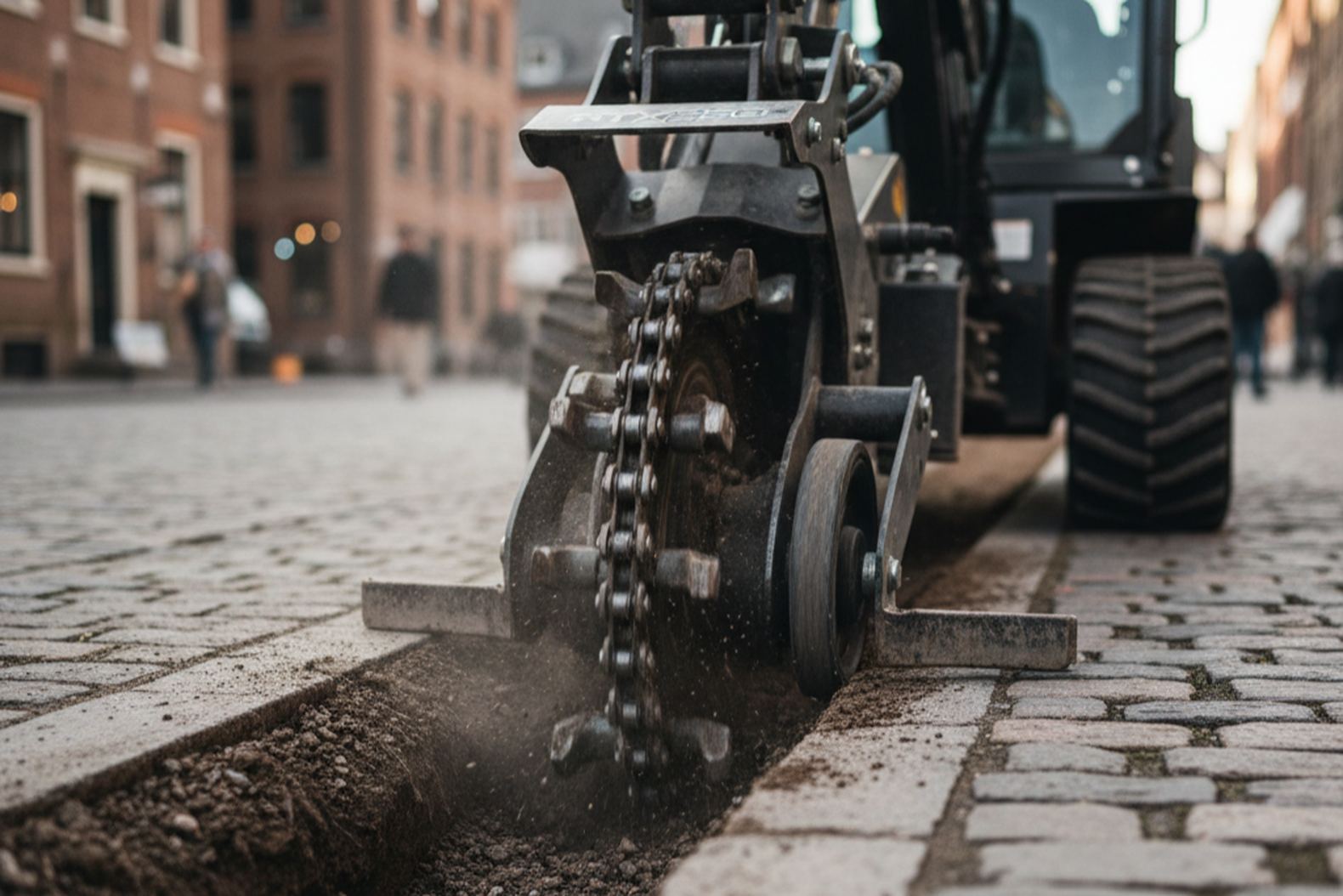 Цепная бара траншеекопателя Vermeer RTX250 выкапывает аккуратную траншею вдоль мощёного тротуара