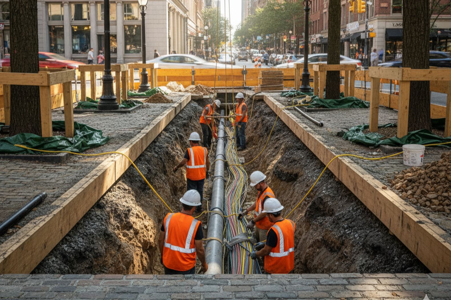 Рабочие укладывают коммуникации в узкую траншею на фоне городской застройки с сохранённой зеленью