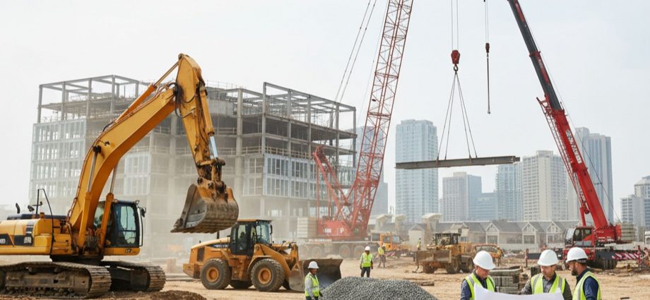 Современная строительная техника на рабочей площадке, спецтехника в работе