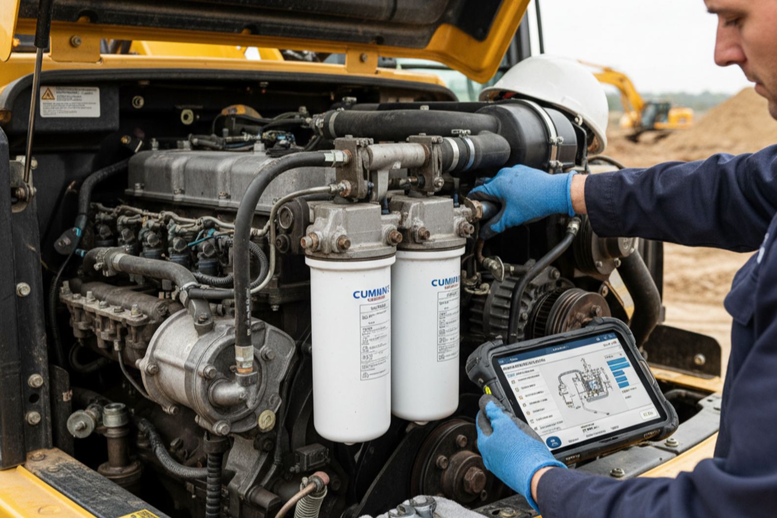 Механик проводит техническое обслуживание экскаватора, проверка двигателя