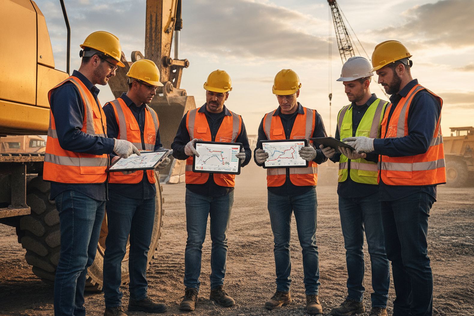 Операторы обсуждают маршруты и расход топлива строительной техники на объекте