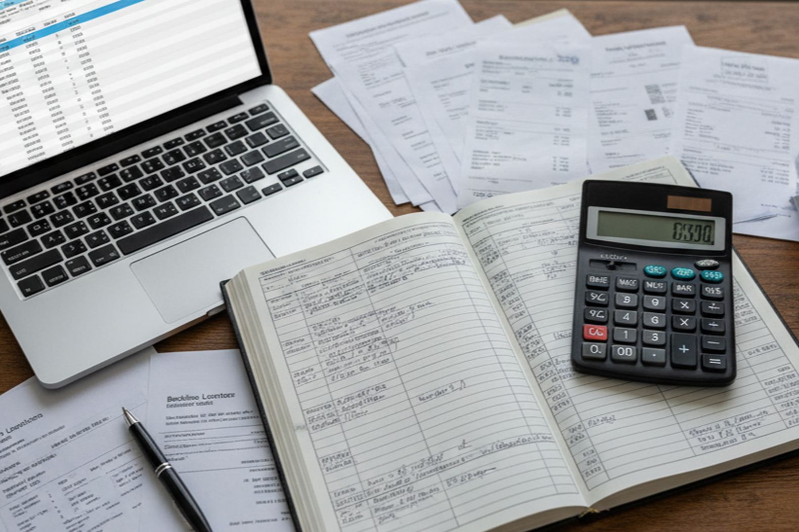 Процесс расчета расходов на владение спецтехникой, документы и калькулятор на столе
