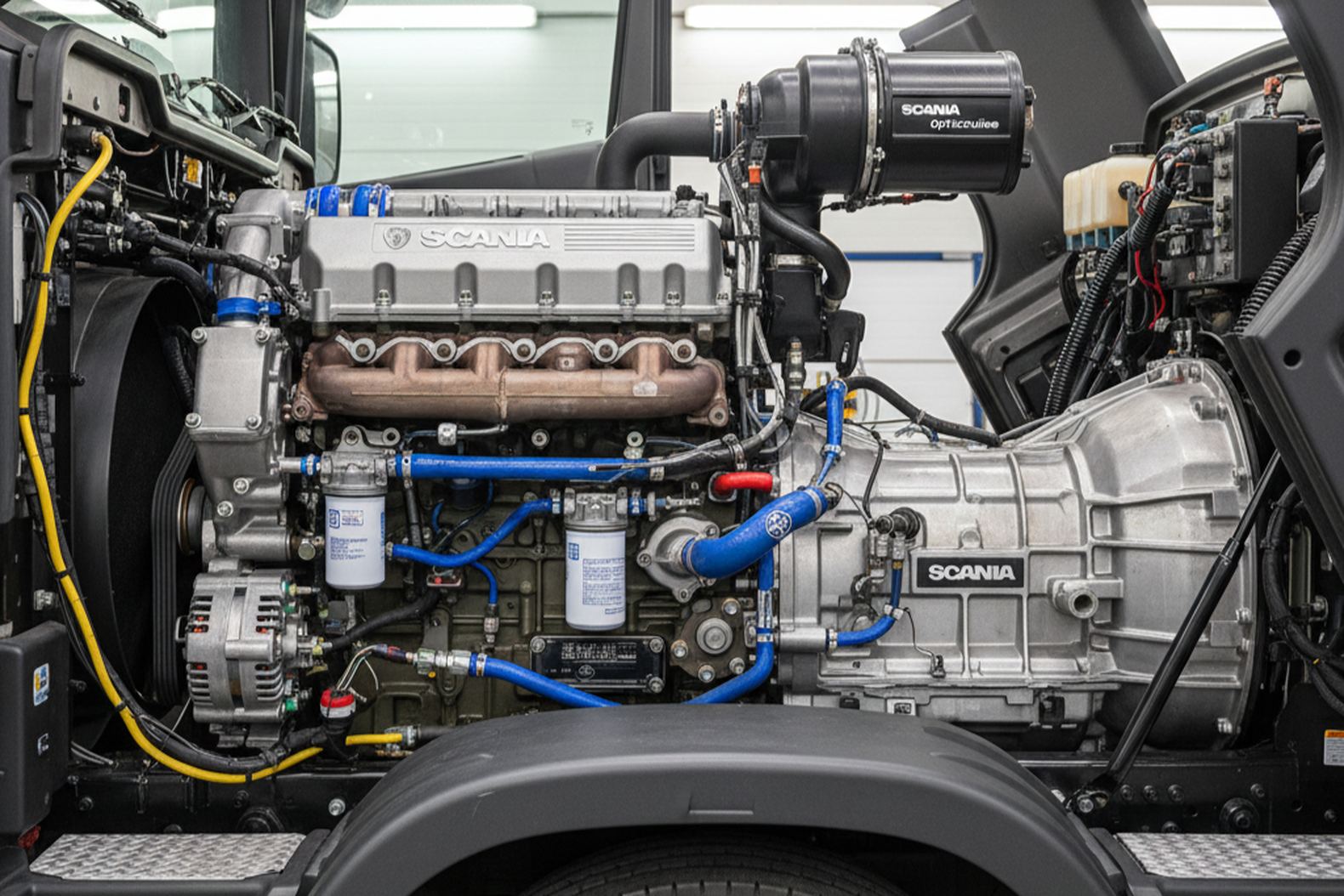 Двигатель и трансмиссия самосвала Scania P440 крупным планом