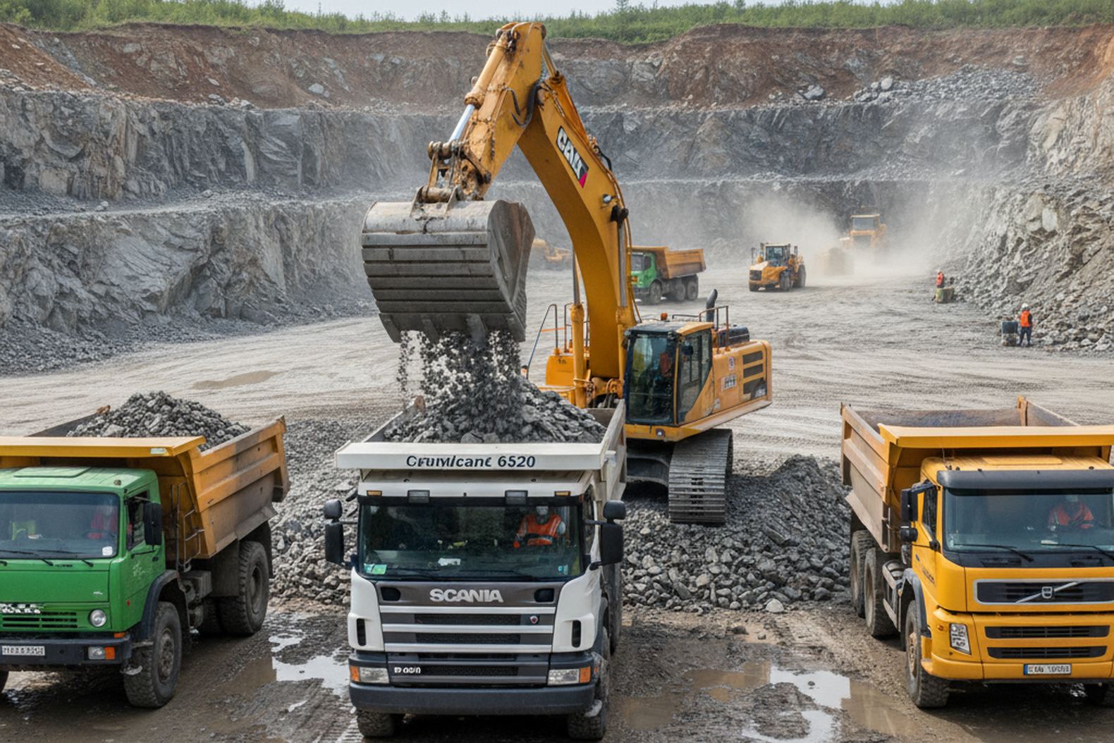 Загрузка самосвалов Scania, КамАЗ и Volvo в рабочем карьере