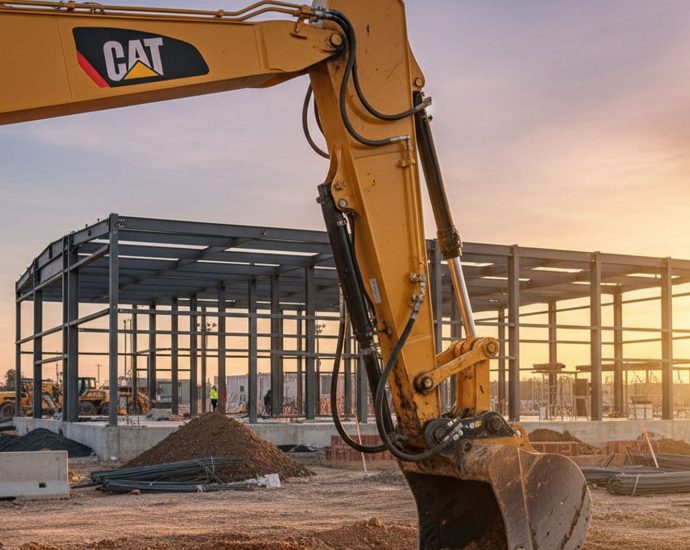 Гидравлический экскаватор CAT 320 на строительной площадке, акцент на систему гидравлики