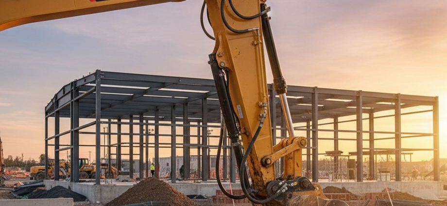 Гидравлический экскаватор CAT 320 на строительной площадке, акцент на систему гидравлики