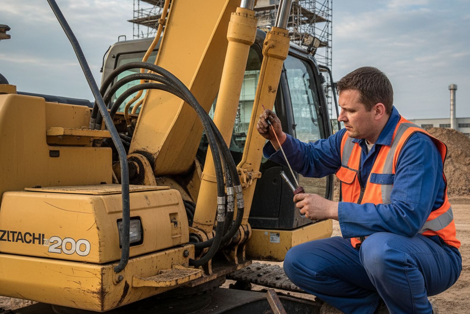 Проверка уровня и качества гидравлического масла у экскаватора Hitachi, визуальный осмотр на предмет утечек