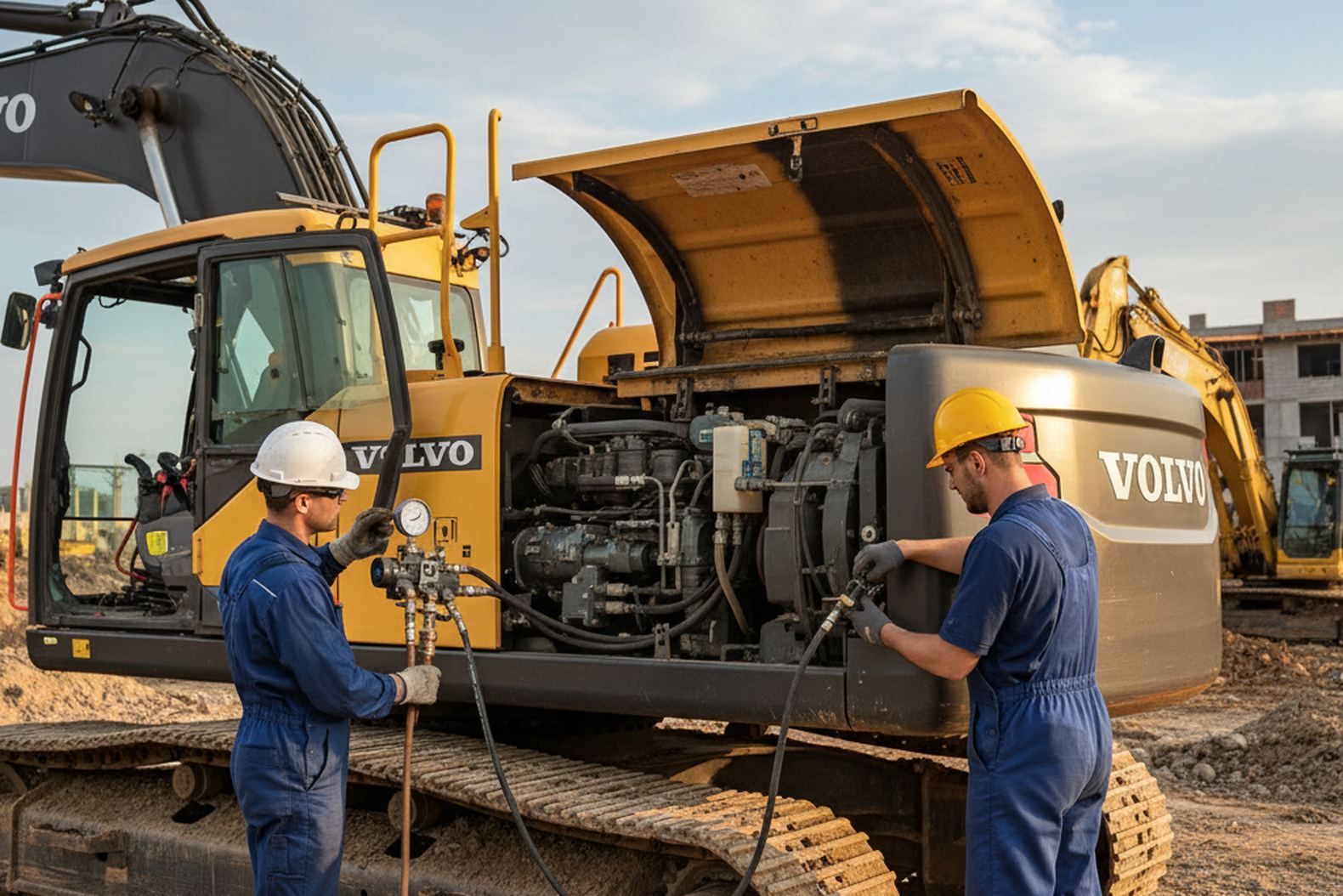 Регулировка давления гидравлического насоса экскаватора Volvo, работа с манометром и инструментами