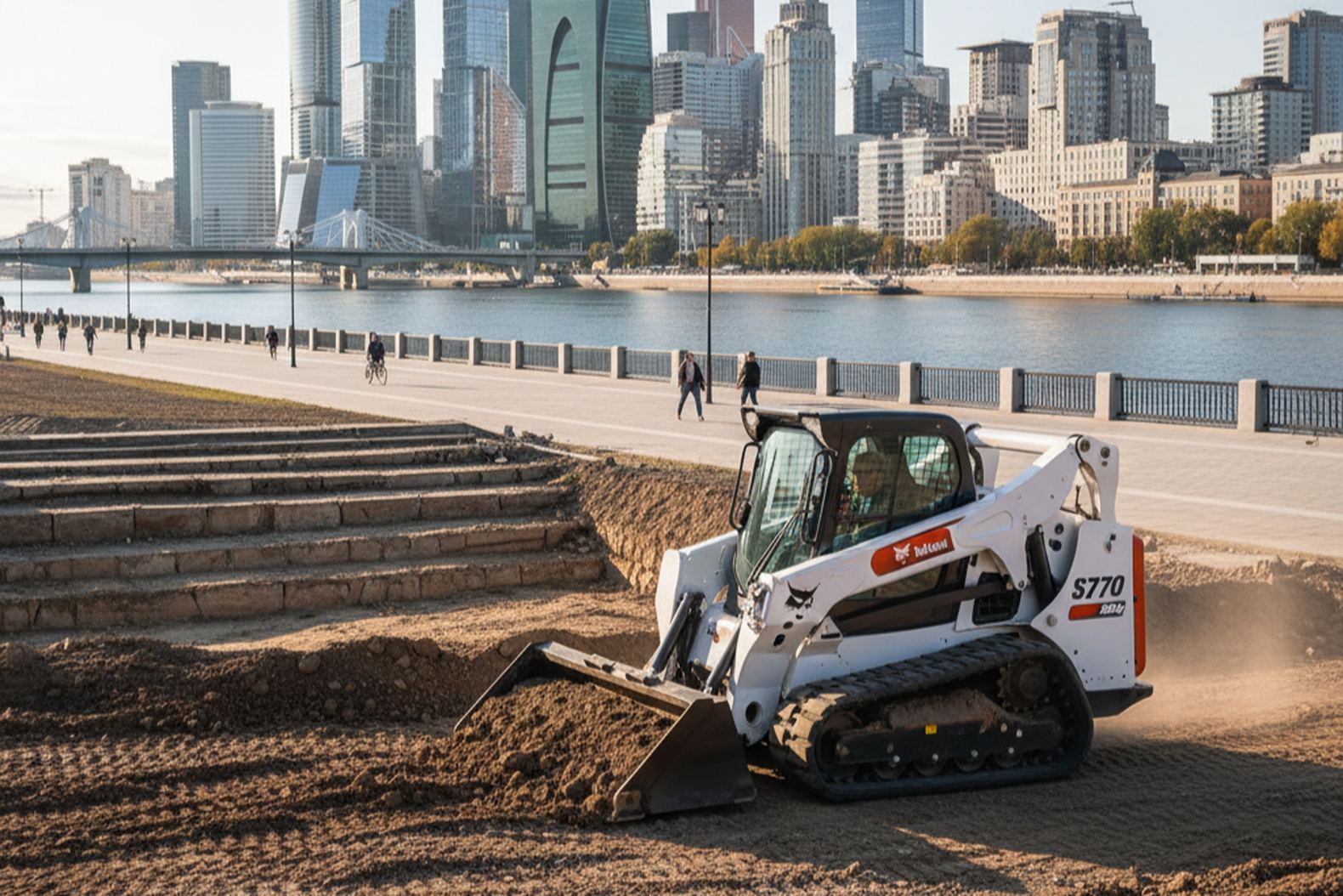 Современная реконструкция набережной с мини-погрузчиком Bobcat S770