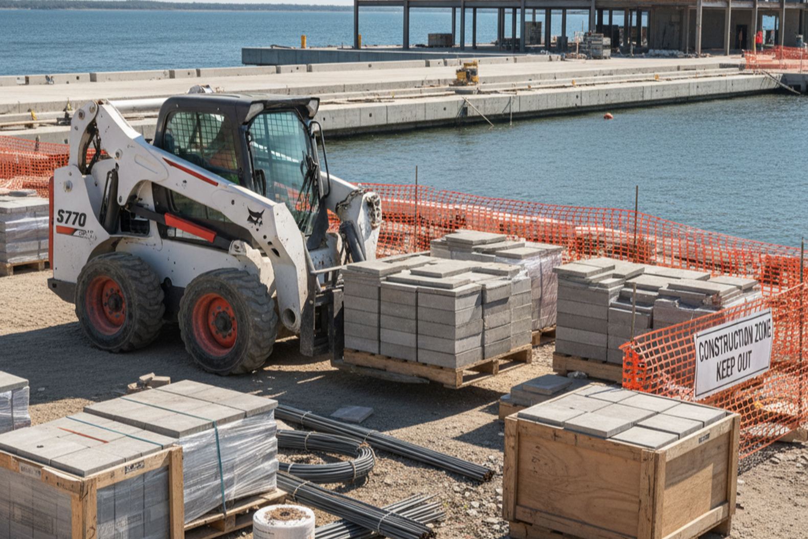 Разгрузка строительных материалов на набережной с помощью Bobcat S770 с вилами