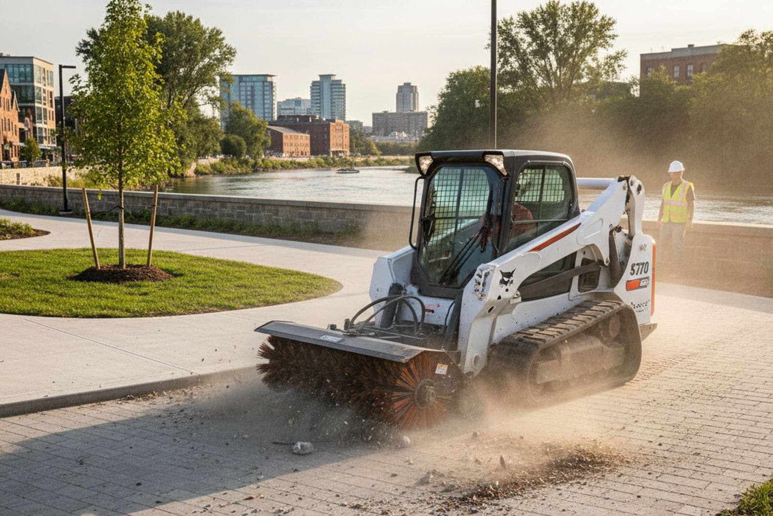 Уборка строительного мусора на набережной с помощью Bobcat S770 с щеткой