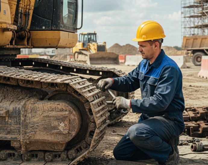 Ремонт ходовой части экскаватора на строительной площадке