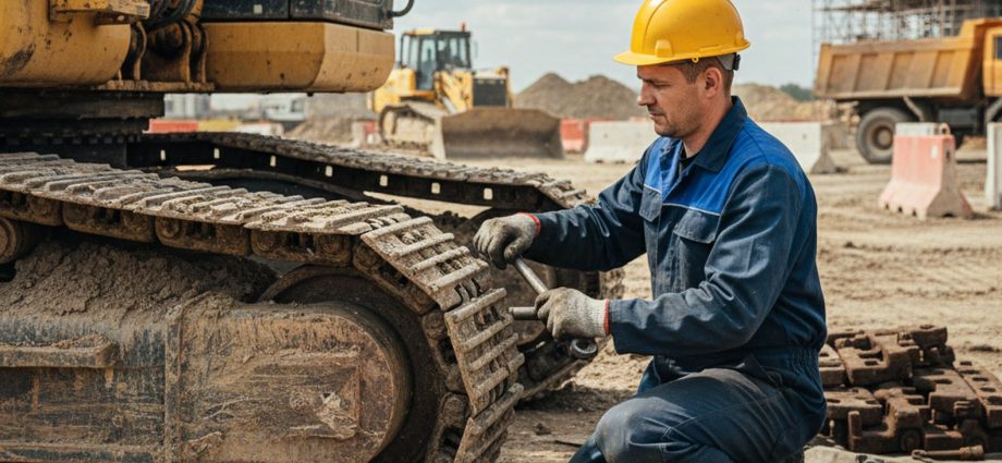 Ремонт ходовой части экскаватора на строительной площадке