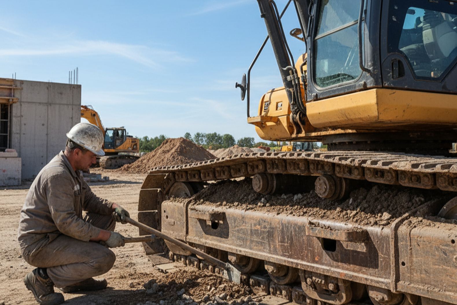 Визуальный осмотр и очистка гусеничного хода экскаватора