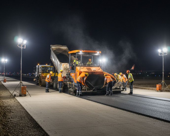 Асфальтоукладчик Vogele работает ночью на взлетной полосе аэропорта