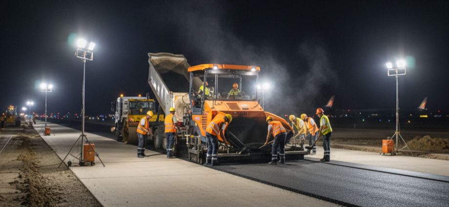 Асфальтоукладчик Vogele работает ночью на взлетной полосе аэропорта