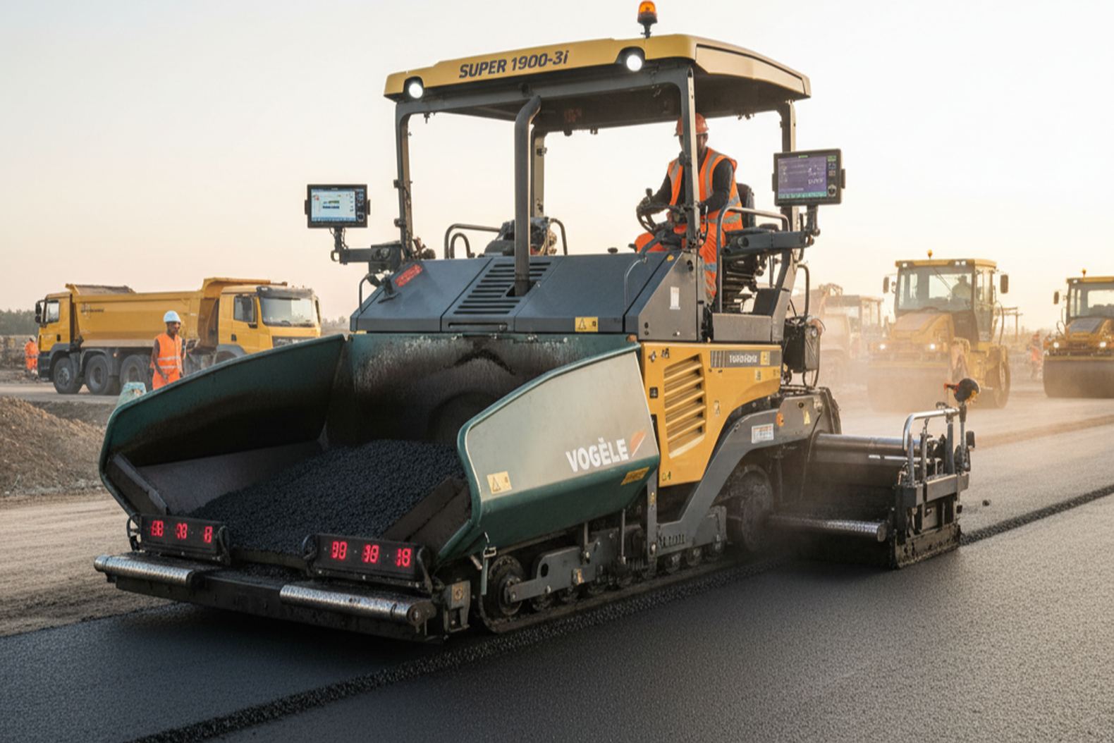 Подача и равномерное распределение горячей асфальтобетонной смеси Vogele