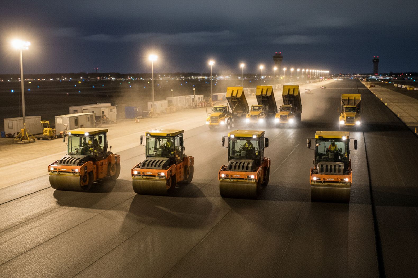 Слаженная работа дорожных катков и самосвалов при ночном ремонте ВПП