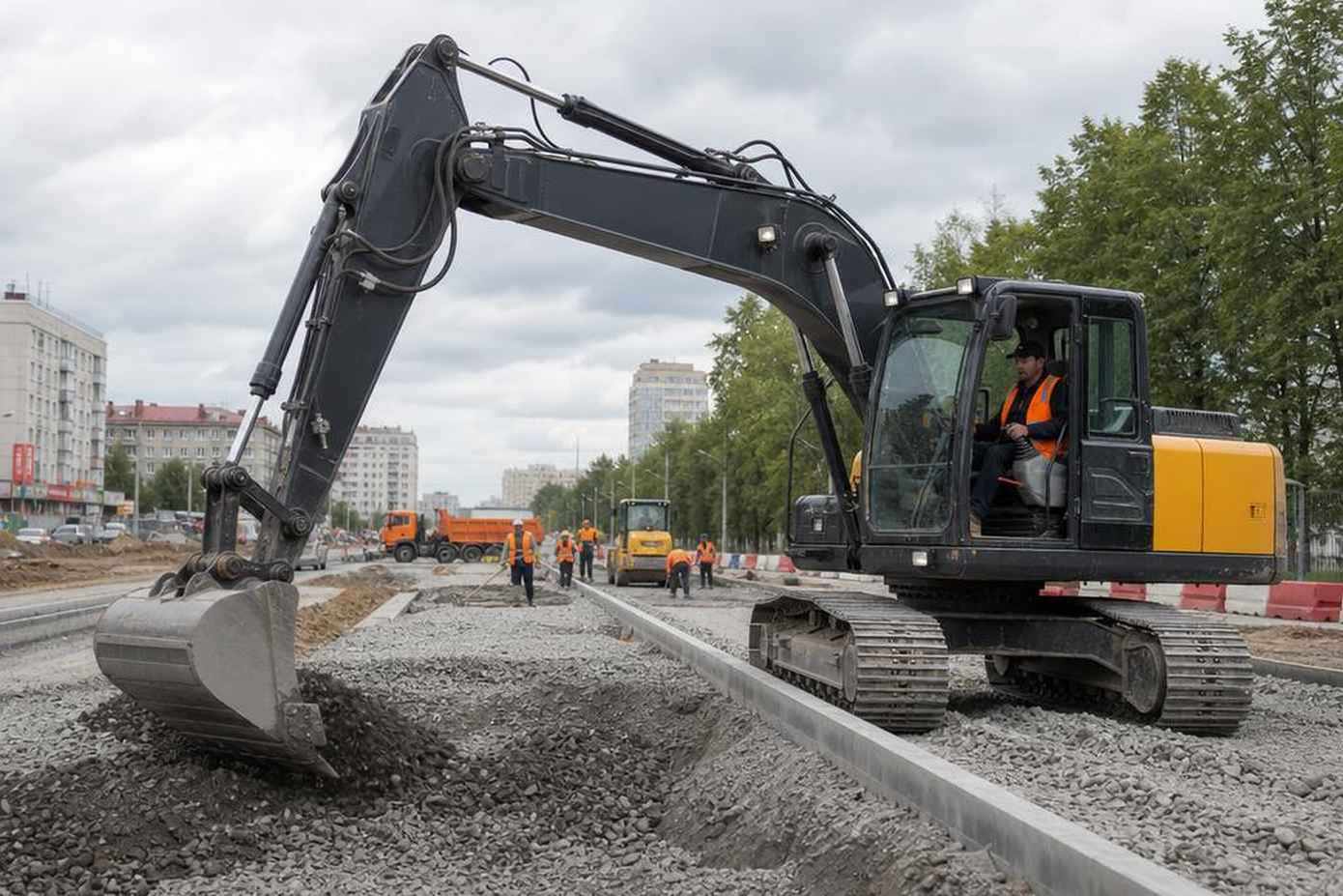 Экскаватор на стройплощадке — лизинг спецтехники в 2025 году