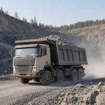 Самосвал Scania в карьере на фоне горной выработки