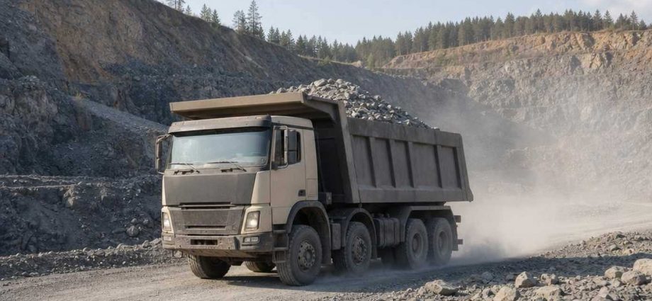 Самосвал Scania в карьере на фоне горной выработки