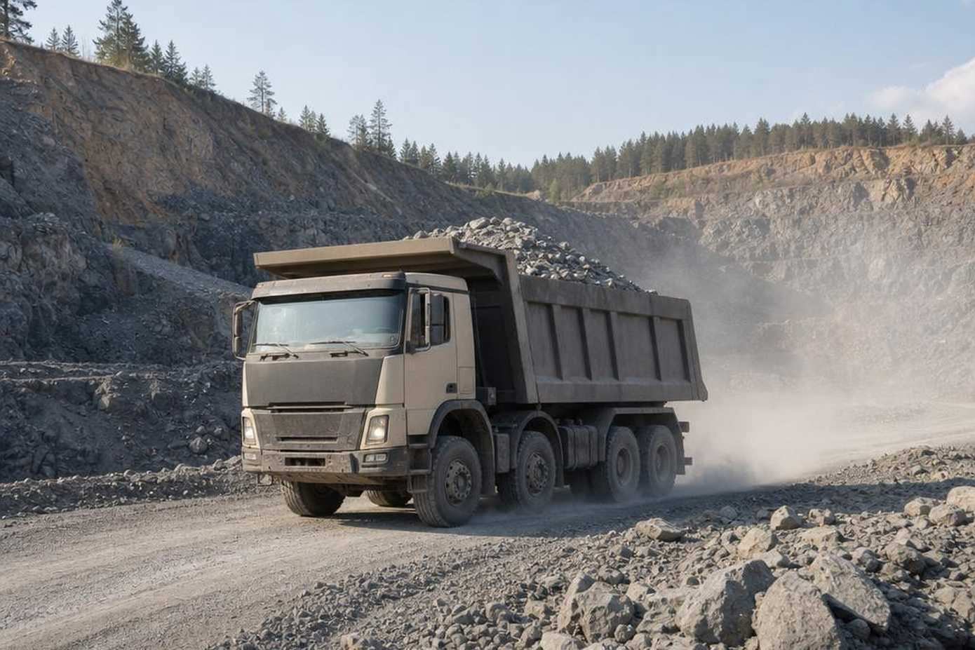 Самосвал Scania в карьере на фоне горной выработки