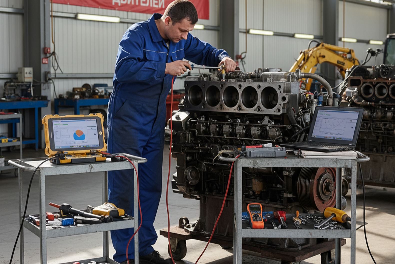 Диагностика двигателя экскаватора Komatsu специалистом в современном сервисе