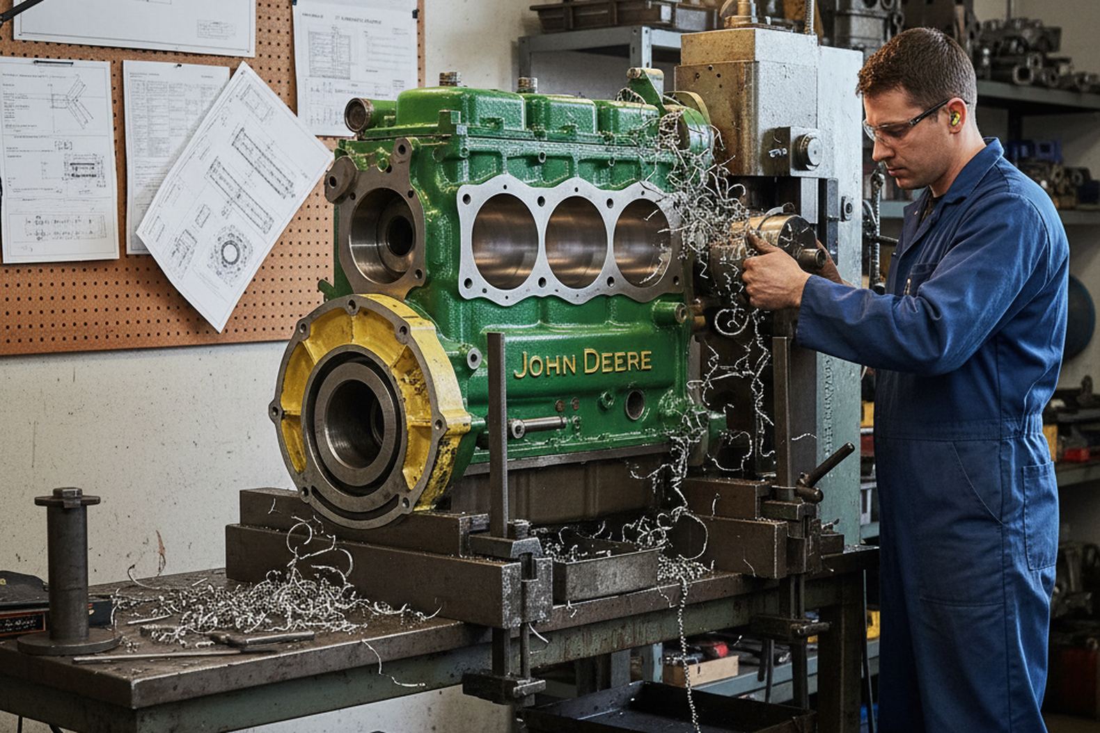 Расточка блока двигателя погрузчика John Deere на профессиональном оборудовании