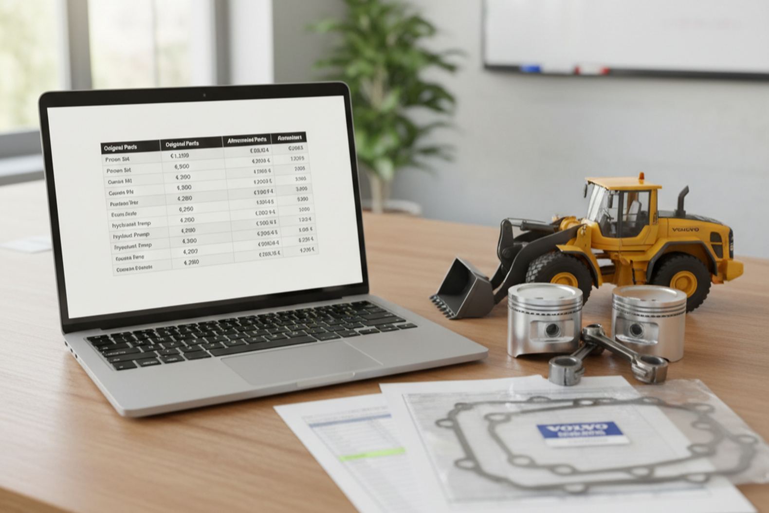 Оригинальные запчасти и расчет стоимости ремонта двигателя Volvo на экране ноутбука
