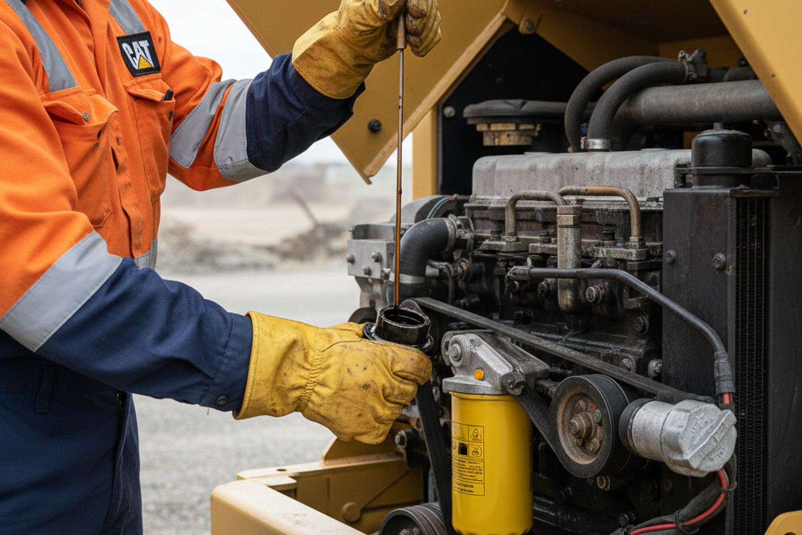 Оператор выполняет ежедневное ТО бульдозера CAT D6, осмотр двигателя и проверка масла