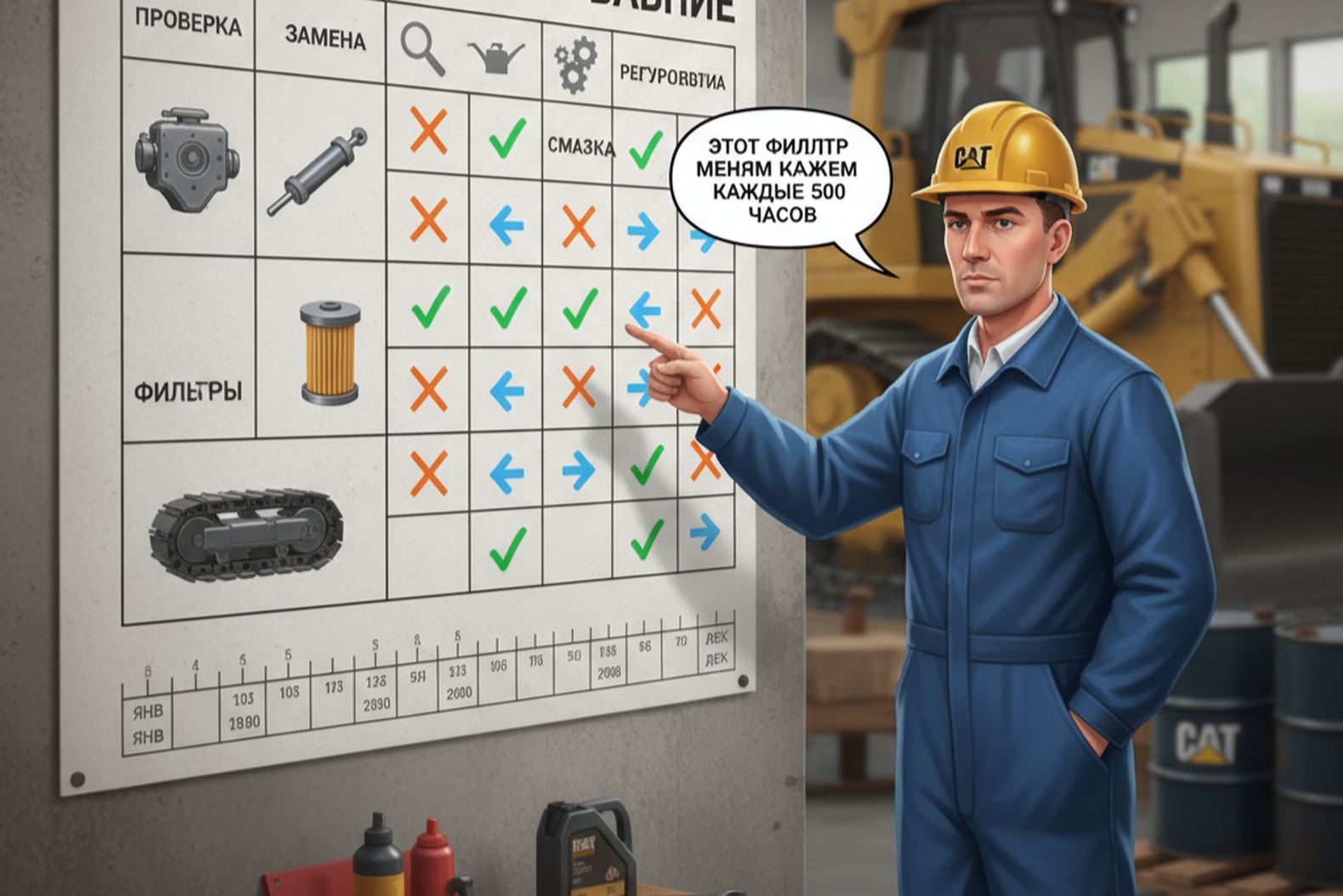 Годовая смета технического обслуживания CAT D6, схема и основные операции на сервисном стенде