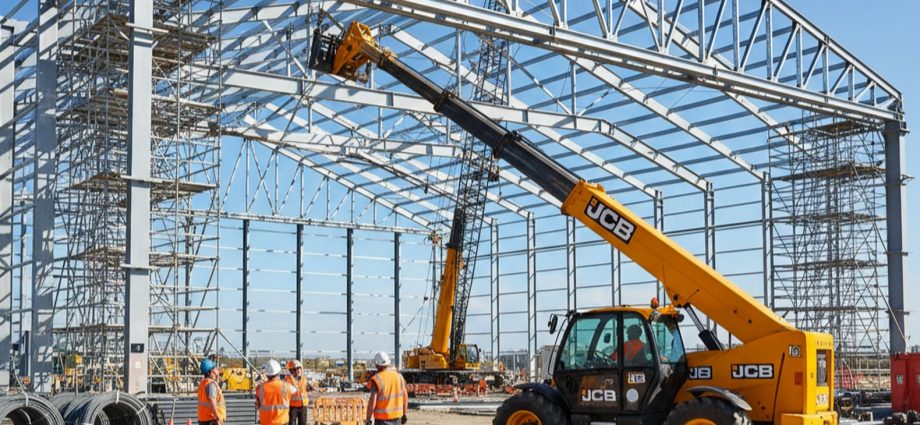 Строительство современного ангара с помощью телескопического погрузчика JCB 540-200 на площадке