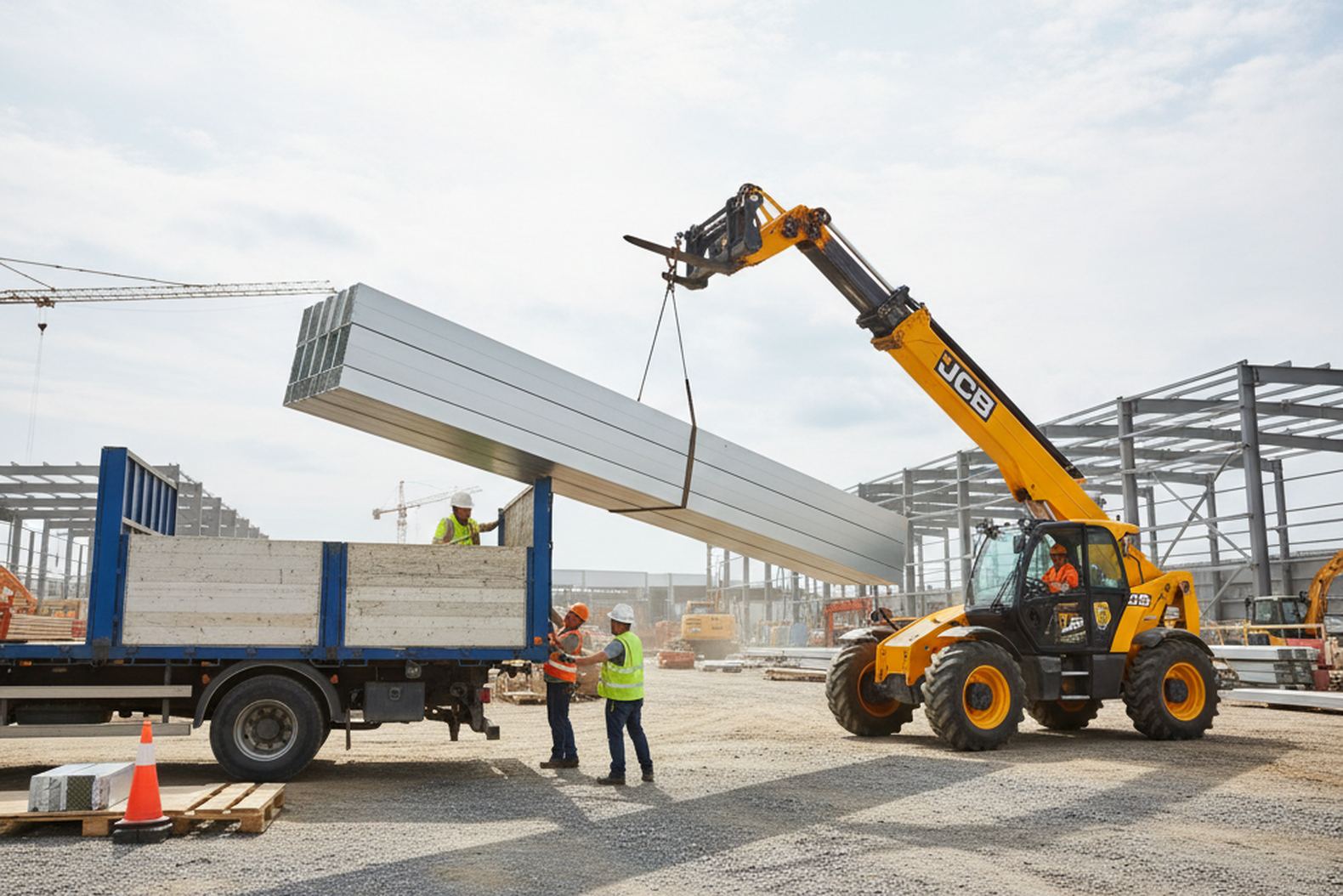 Разгрузка и перемещение сэндвич-панелей телескопическим погрузчиком JCB для быстровозводимого ангара