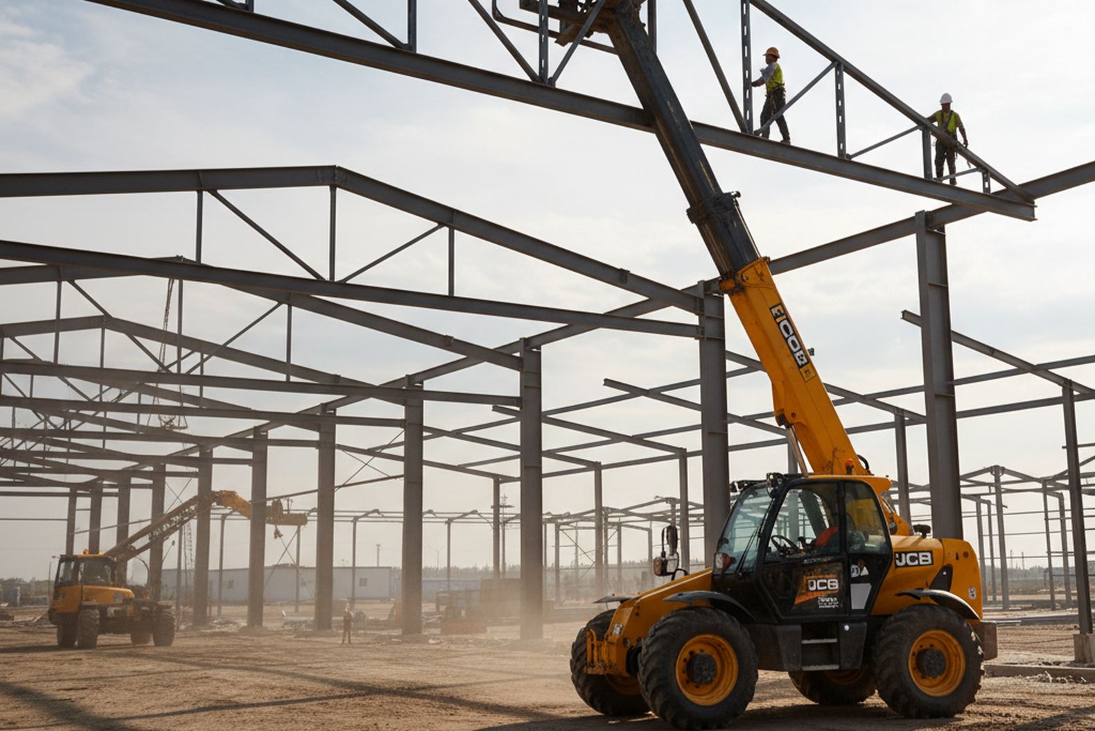 Монтаж стальных ферм и элементов кровли с использованием JCB 540-200 на высоте