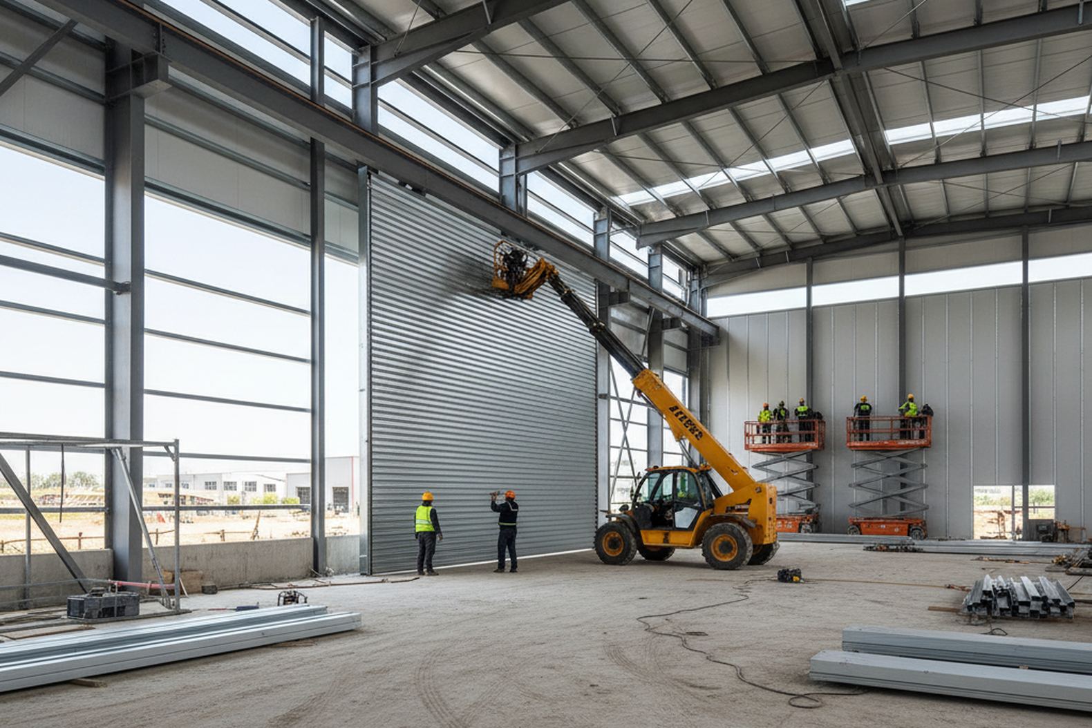 Установка секционных ворот и монтаж сэндвич-панелей внутри строящегося ангара