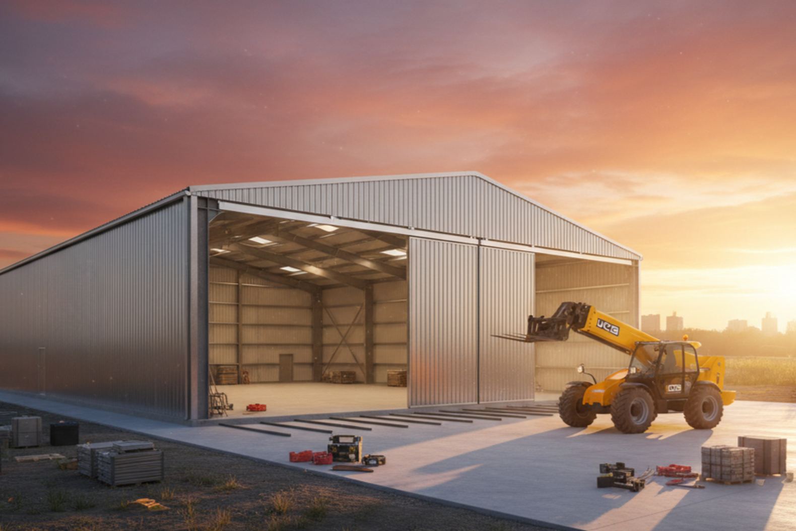 Готовый металлический ангар и техника JCB 540-200 на завершенной строительной площадке